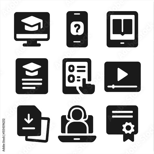 Online Education Icons. Solid, filled icons set of online education: computer screen, mobile app, tablet,
