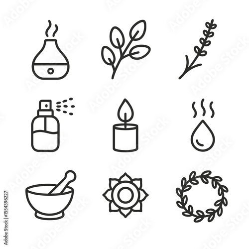 Aromatherapy Icon Set. Outline icon set of aromatherapy experience: essential oil diffuser, eucalyptus leaves, lavender sprig,