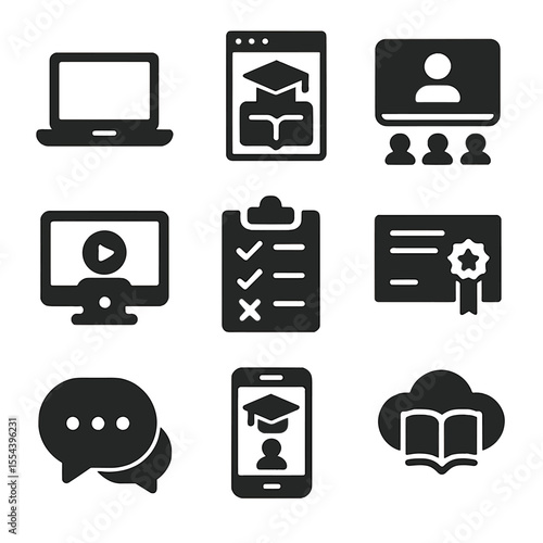 Online Learning Icons. Solid, filled icons set of online learning platforms: laptop icon, e-learning module,