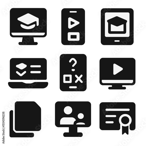 Online Education Icons. Solid, filled icons set of online education: computer screen, mobile app, tablet,