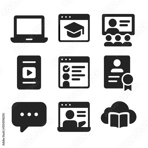 Online Learning Icons. Solid, filled icons set of online learning platforms: laptop icon, e-learning module,