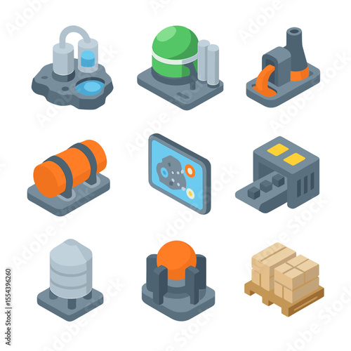 Asteroid Resource Icons. Isometric Flat icon set of asteroid resource utilization: water extraction unit, oxygen plant, metal