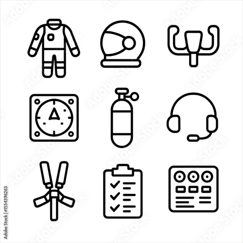 Astronaut Gear Icons. Outline icon set of space shuttle crew equipment: space suit, helmet, control yoke, navigation display,