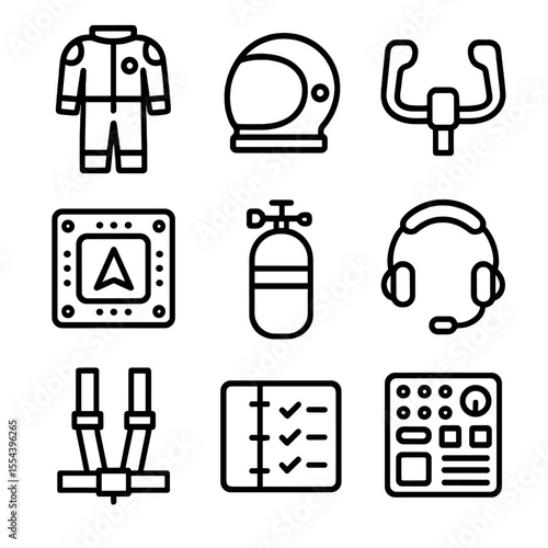 Astronaut Gear Icons. Outline icon set of space shuttle crew equipment: space suit, helmet, control yoke, navigation display,