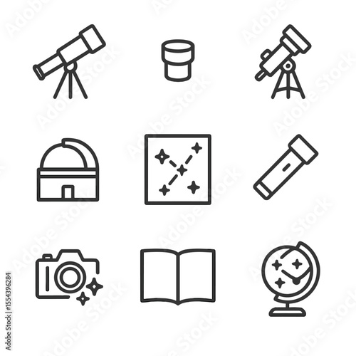Astronomy Icon Set. Outline icon set of astronomy observation gear: telescope, eyepiece, star tracker mount, observatory dome,