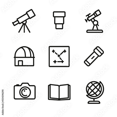 Astronomy Icon Set. Outline icon set of astronomy observation gear: telescope, eyepiece, star tracker mount, observatory dome,