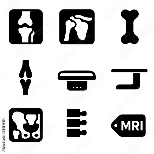 Orthopedic MRI Icon Set. Solid, filled icons set of orthopedic MRI scans: knee joint scan, shoulder MRI, bone