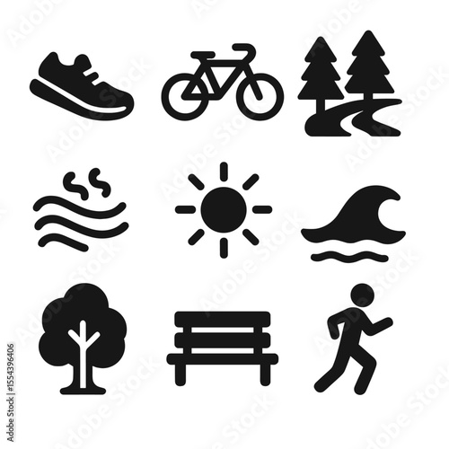 Outdoor Fitness Icons. Solid, filled icons set of outdoor fitness and fresh air: running shoe, bike icon,
