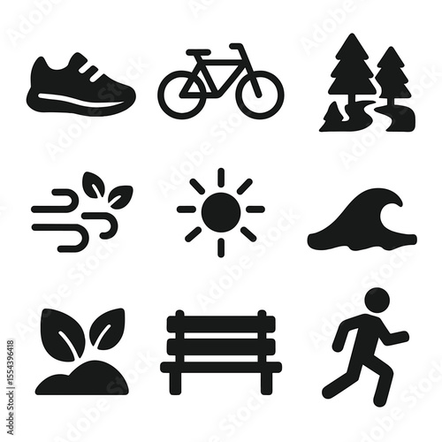 Outdoor Fitness Icons. Solid, filled icons set of outdoor fitness and fresh air: running shoe, bike icon,