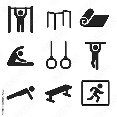 Outdoor Exercise Icons. Solid, filled icons set of outdoor exercise and fitness: pull-up bar, parallel bars,