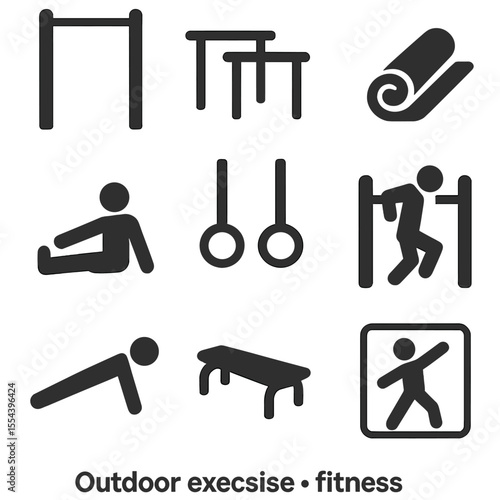 Outdoor Exercise Icons. Solid, filled icons set of outdoor exercise and fitness: pull-up bar, parallel bars,