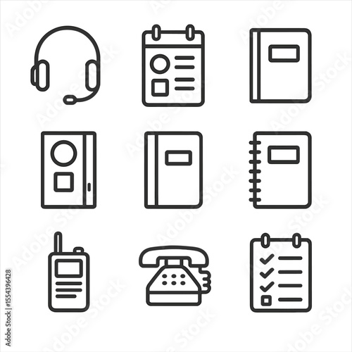 Backstage Devices Icons. Outline icon set of backstage communication devices: headset, call board, light mic, cue light panel,