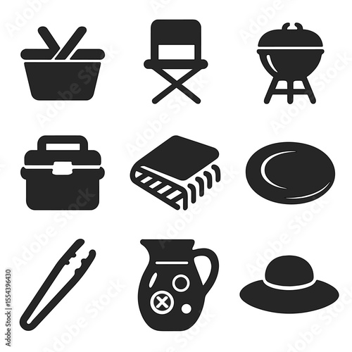 Outdoor Leisure Icons. Solid, filled icons set of outdoor leisure: picnic basket, folding chair, grill, cooler