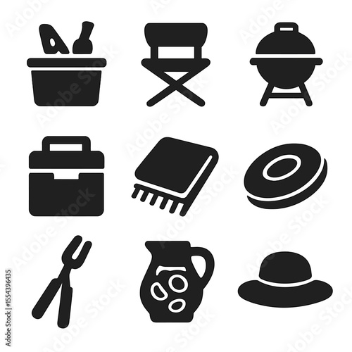 Outdoor Leisure Icons. Solid, filled icons set of outdoor leisure: picnic basket, folding chair, grill, cooler