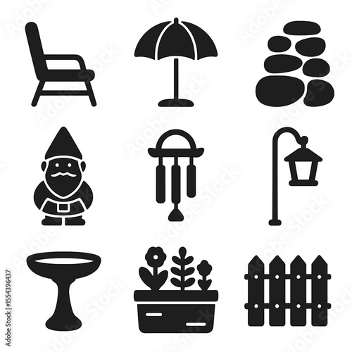 Outdoor Furniture Icons. Solid, filled icons set of outdoor garden furniture and decor: patio chair, umbrella,