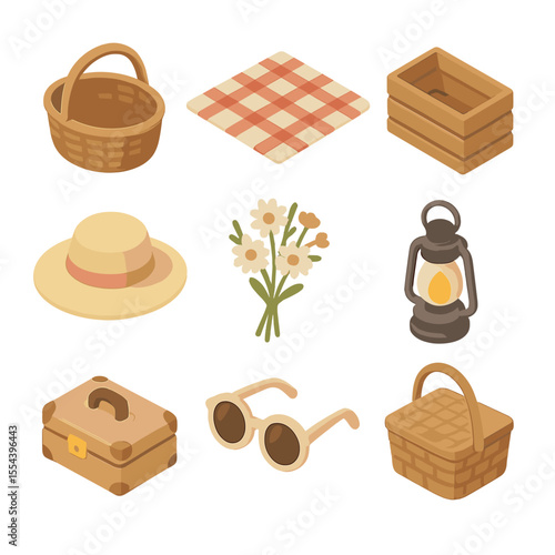 Baby Outdoor Icon Set. Isometric Flat icon set of baby outdoor session props: wicker basket, picnic blanket, wooden crate, sun hat