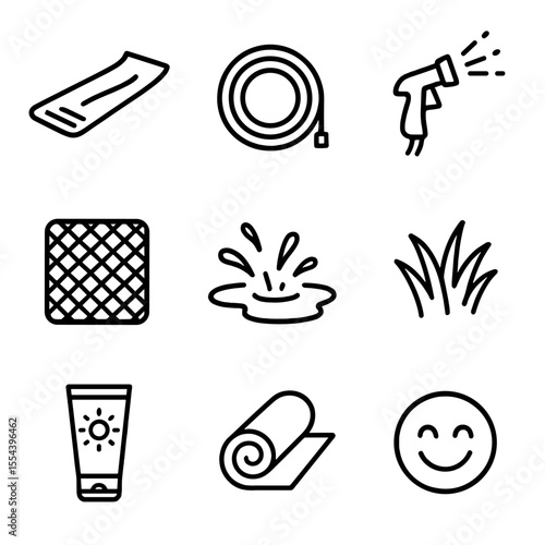 Backyard Slip N Slide Icons. Outline icon set of backyard slip n slide fun: plastic slide mat, water hose, spray nozzle,