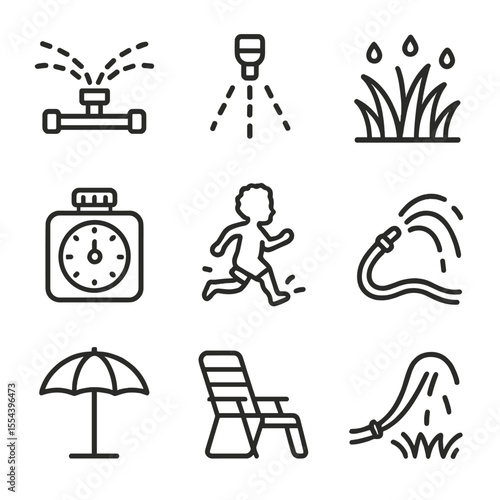 Backyard Sprinkler Icons. Outline icon set of backyard sprinkler fun: rotating sprinkler, mist nozzle, soaked grass, sprinkler