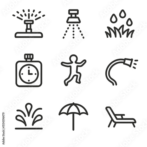 Backyard Sprinkler Icons. Outline icon set of backyard sprinkler fun: rotating sprinkler, mist nozzle, soaked grass, sprinkler