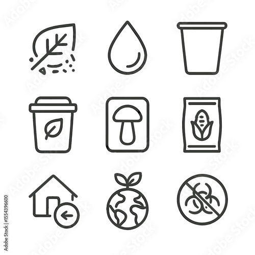 Biodegradable Packaging Icons. Outline icon set of biodegradable packaging icons: leaf fragment breaking down, water droplet