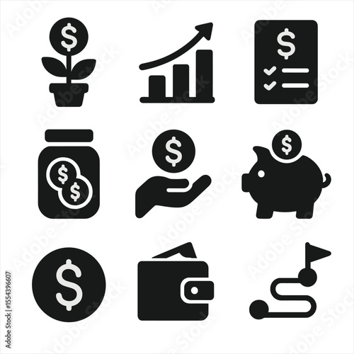 Personal Finance Icons. Solid, filled icons set of personal finance and money habits: money plant, financial