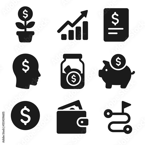 Personal Finance Icons. Solid, filled icons set of personal finance and money habits: money plant, financial