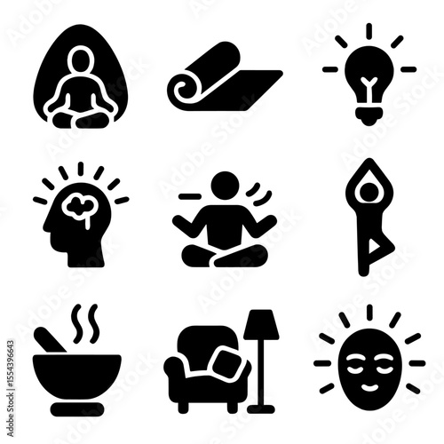 Personal Wellness Icons. Solid, filled icons set of personal wellness and balance: meditative pod, yoga mat,
