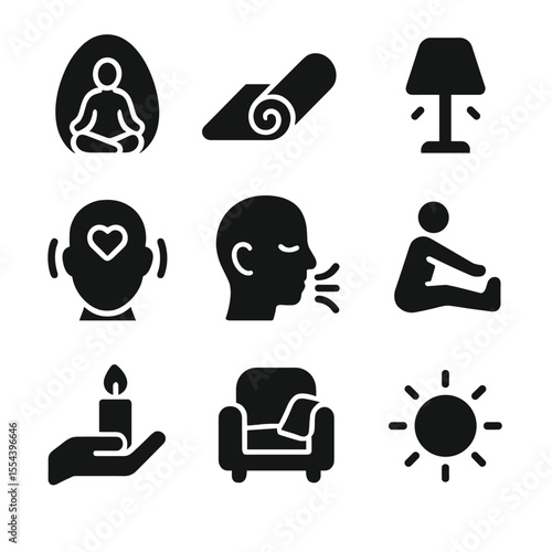 Personal Wellness Icons. Solid, filled icons set of personal wellness and balance: meditative pod, yoga mat,
