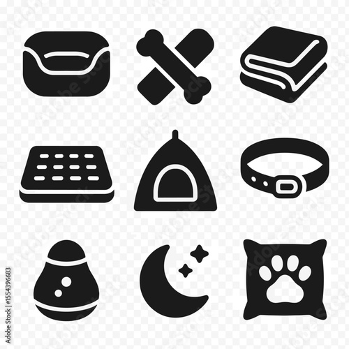 Pet Sleep Accessories Icons. Solid, filled icons set of pet sleep accessories: pet bed, chew toy, soft blanket