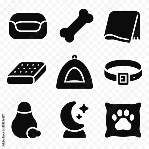Pet Sleep Accessories Icons. Solid, filled icons set of pet sleep accessories: pet bed, chew toy, soft blanket