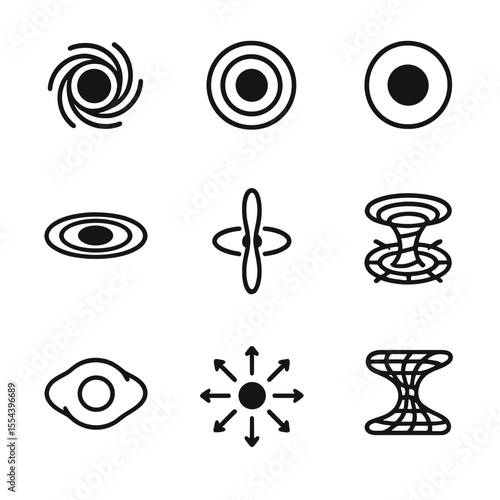 Black Hole Icon Set. Outline icon set of black holes and extreme gravity: stellar black hole, supermassive black hole, event