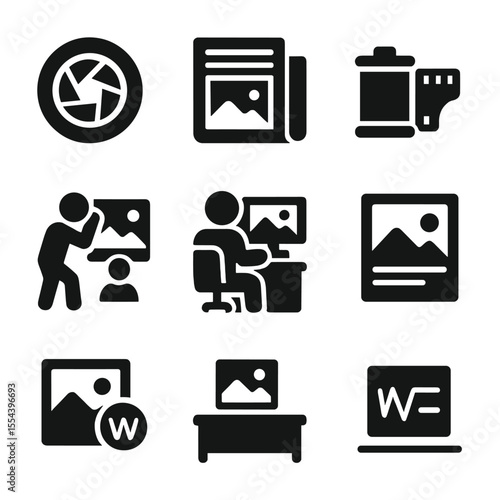 Photojournalism Icons Grid. Solid, filled icons set of photojournalism: camera lens, news photo, photo reel,