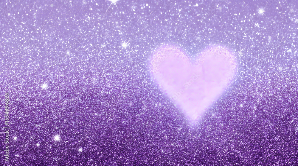 Fototapeta premium A soft lavender glitter background with a glowing heart in the center, surrounded by a cascade of sparkling purple stardust.
