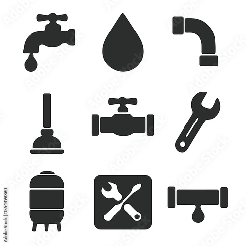 Plumbing Icon Set. Solid, filled icons set of plumbing and water care: faucet icon, water droplet, pipe icon,