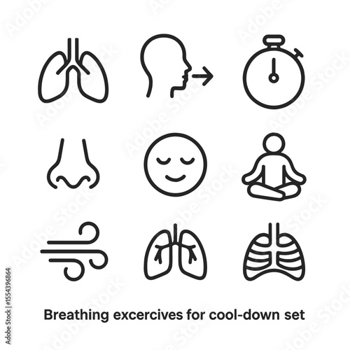 Breathing Exercise Icons. Outline icon set of breathing exercises for cool-down: lungs icon, inhale arrow, exhale arrow, stopwatch