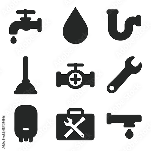 Plumbing Icon Set. Solid, filled icons set of plumbing and water care: faucet icon, water droplet, pipe icon,