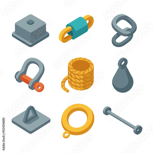 Buoy Anchoring Components. Isometric Flat icon set of buoy anchoring components: anchor block, swivel joint, anchor chain link,