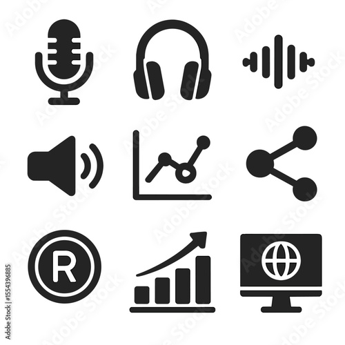 Podcast Marketing Icons. Solid, filled icons set of podcasting as a marketing tool: microphone icon,