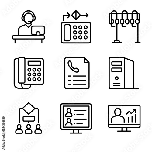 Call Center Icons. Outline icon set of call center infrastructure: operator desk, call routing switchboard, headset rack, PBX