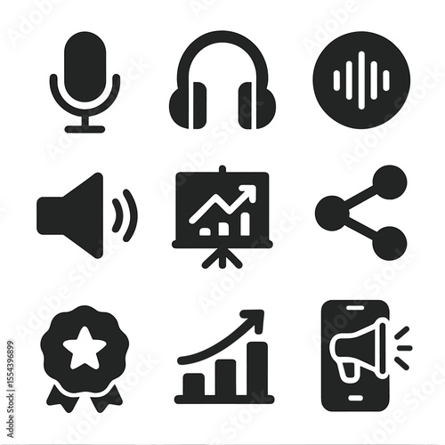 Podcast Marketing Icons. Solid, filled icons set of podcasting as a marketing tool: microphone icon,