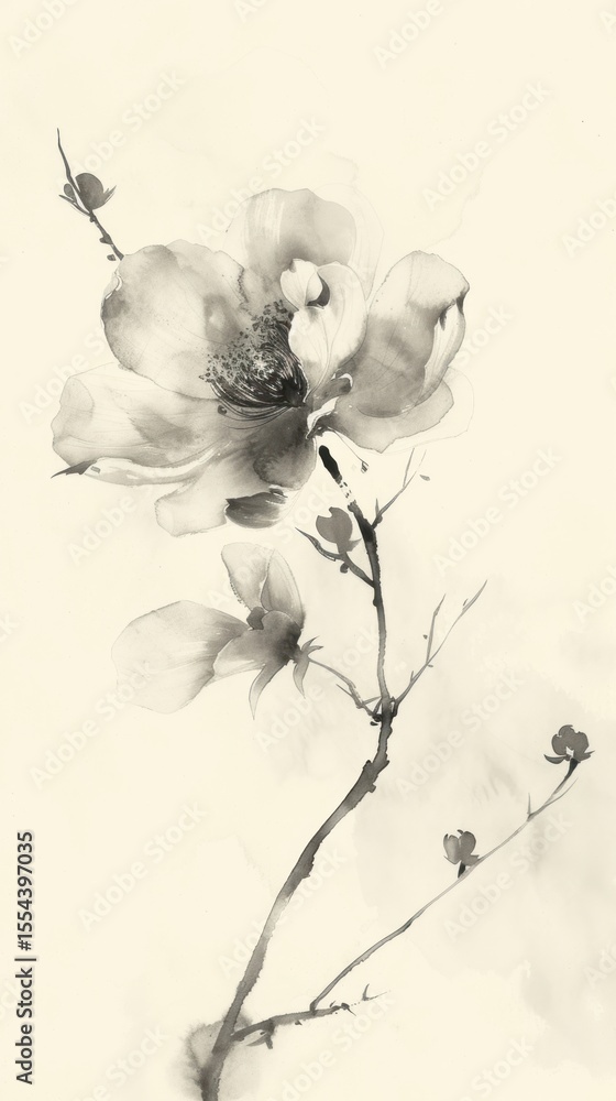 Fototapeta premium Ink painting minimal of peony blossom drawing flower.