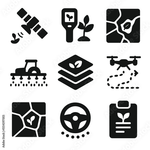 Precision Agriculture Icons. Solid, filled icons set of precision agriculture tools: satellite imagery, crop