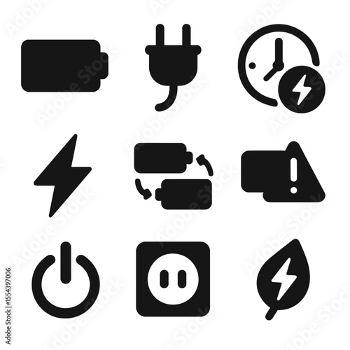 Power Icon Grid. Solid, filled icons set of power and battery: battery icon, power plug, electric clock, power