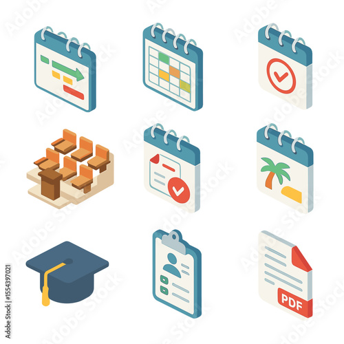 Academic Semester Icons. Isometric Flat icon set of academic semester calendars: semester timeline, class schedule grid, exam date