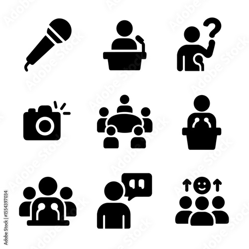 Press Conference Icons. Solid, filled icons set of press conferences and interviews: interview mic, news