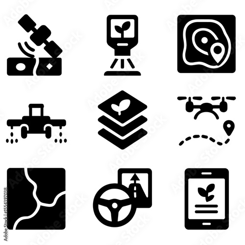 Precision Agriculture Icons. Solid, filled icons set of precision agriculture tools: satellite imagery, crop