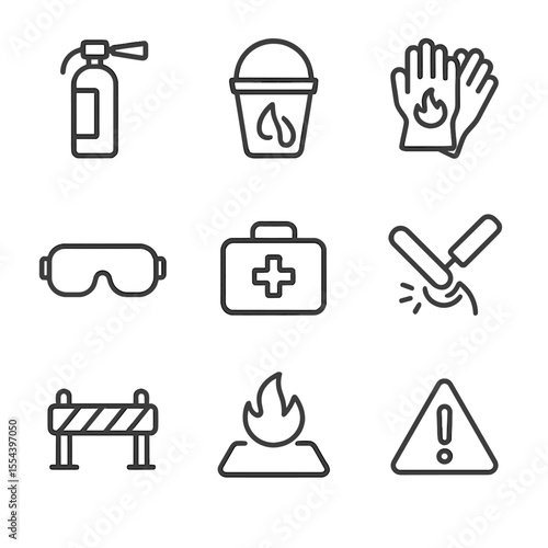 Campfire Safety Icons. Outline icon set of Campfire safety: fire extinguisher, water bucket, fire gloves, safety goggles, first