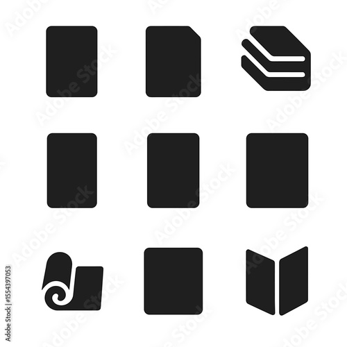 Printer Paper Icons. Solid, filled icons set of printer paper formats: A3 sheet, A4 paper, A5 stack, letter