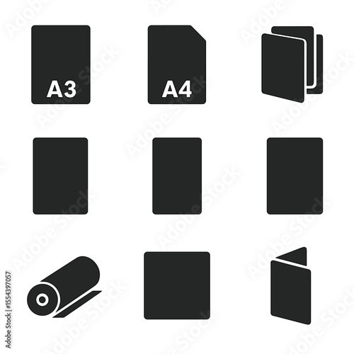 Printer Paper Icons. Solid, filled icons set of printer paper formats: A3 sheet, A4 paper, A5 stack, letter