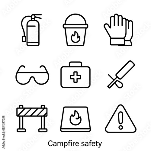Campfire Safety Icons. Outline icon set of Campfire safety: fire extinguisher, water bucket, fire gloves, safety goggles, first